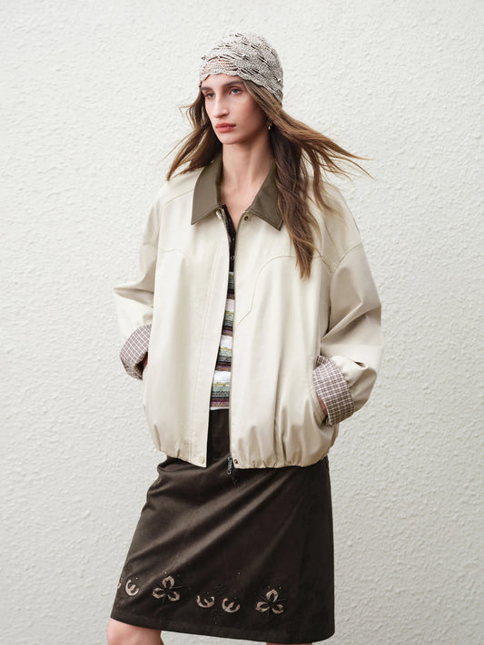 Ivory Contrast Cuff Bomber Jacket