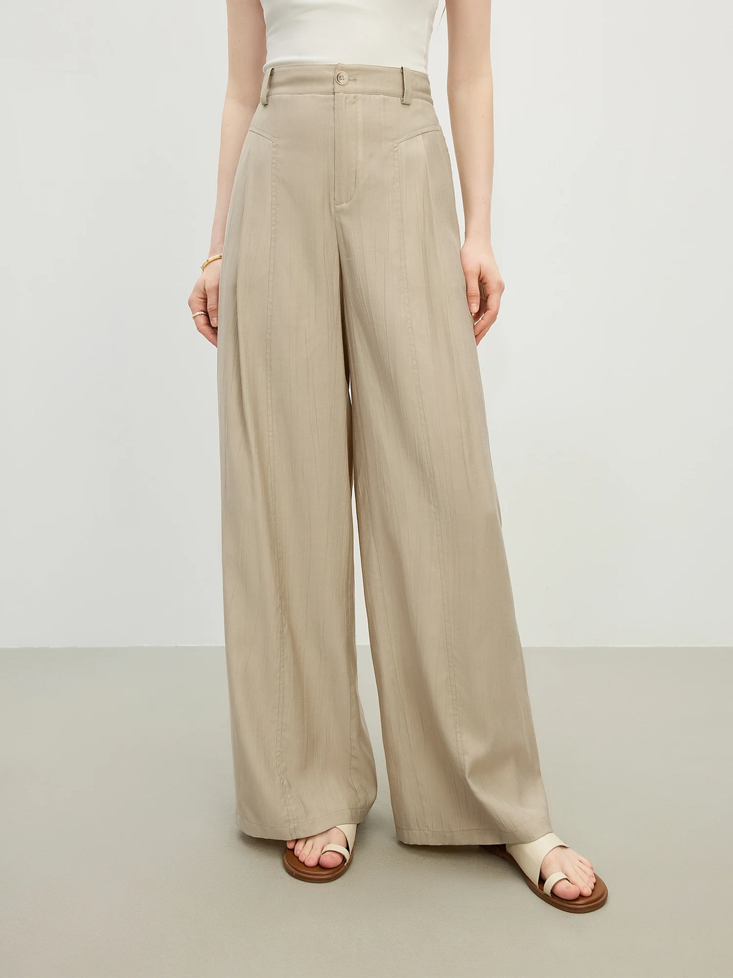 Beige Draped Wide Leg Pants