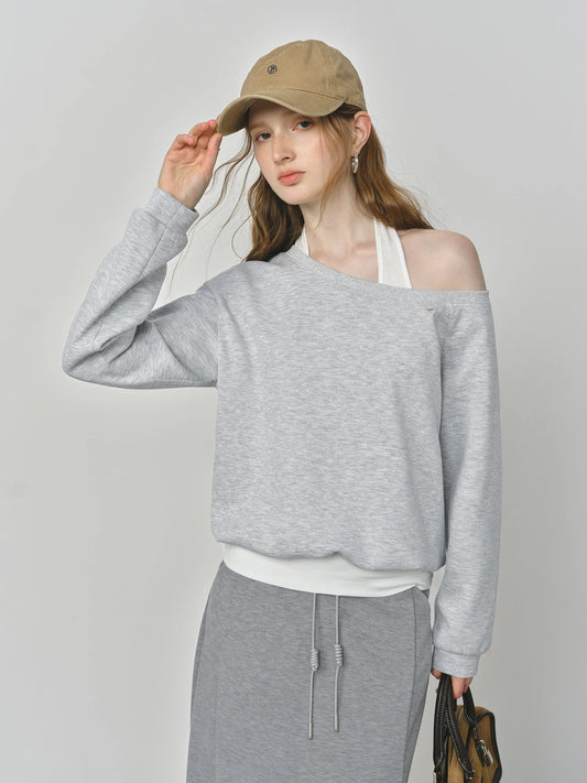 Grey Off Shoulder Layered Sweatshirt