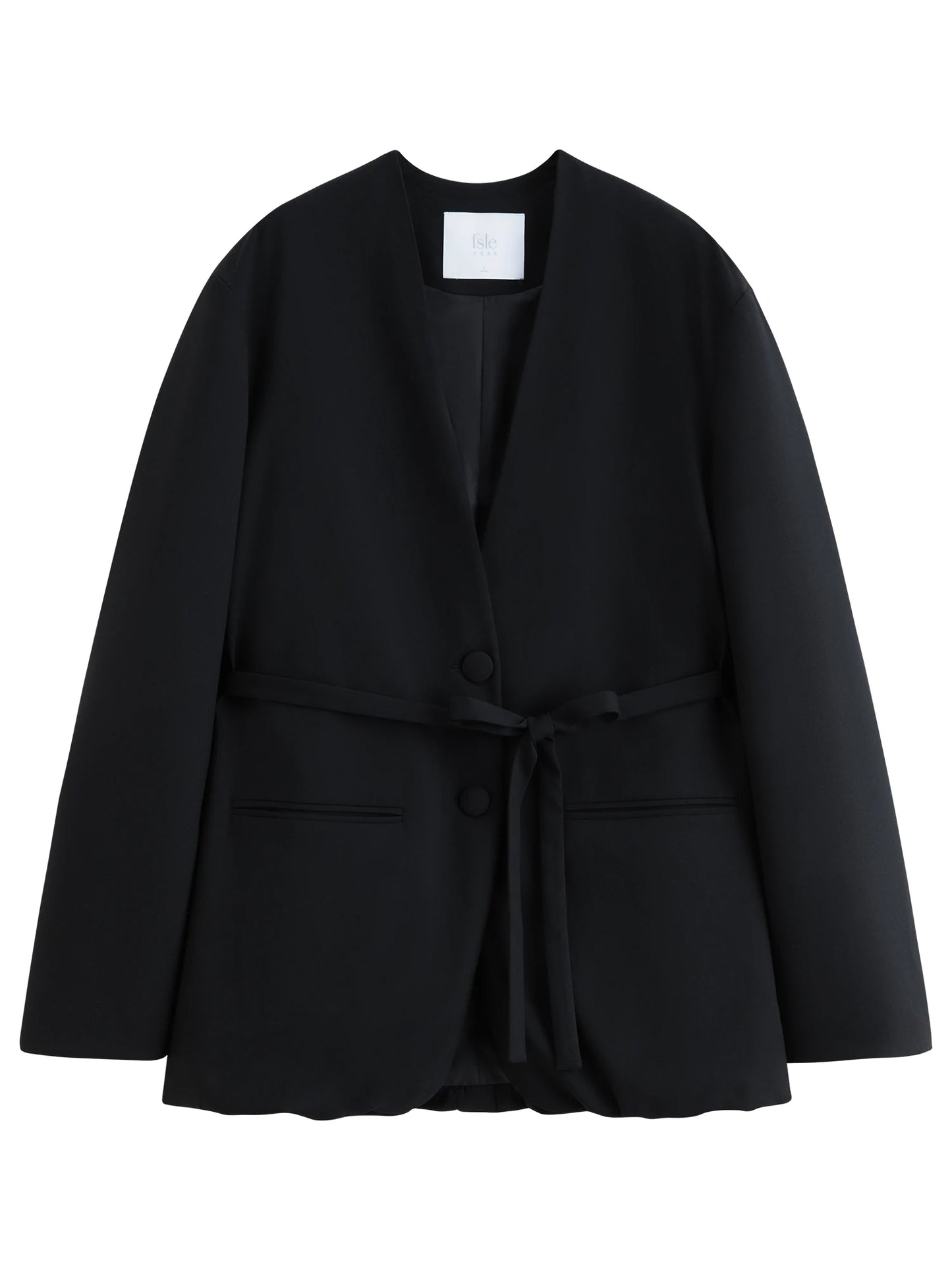 Navy Belted Collarless Blazer