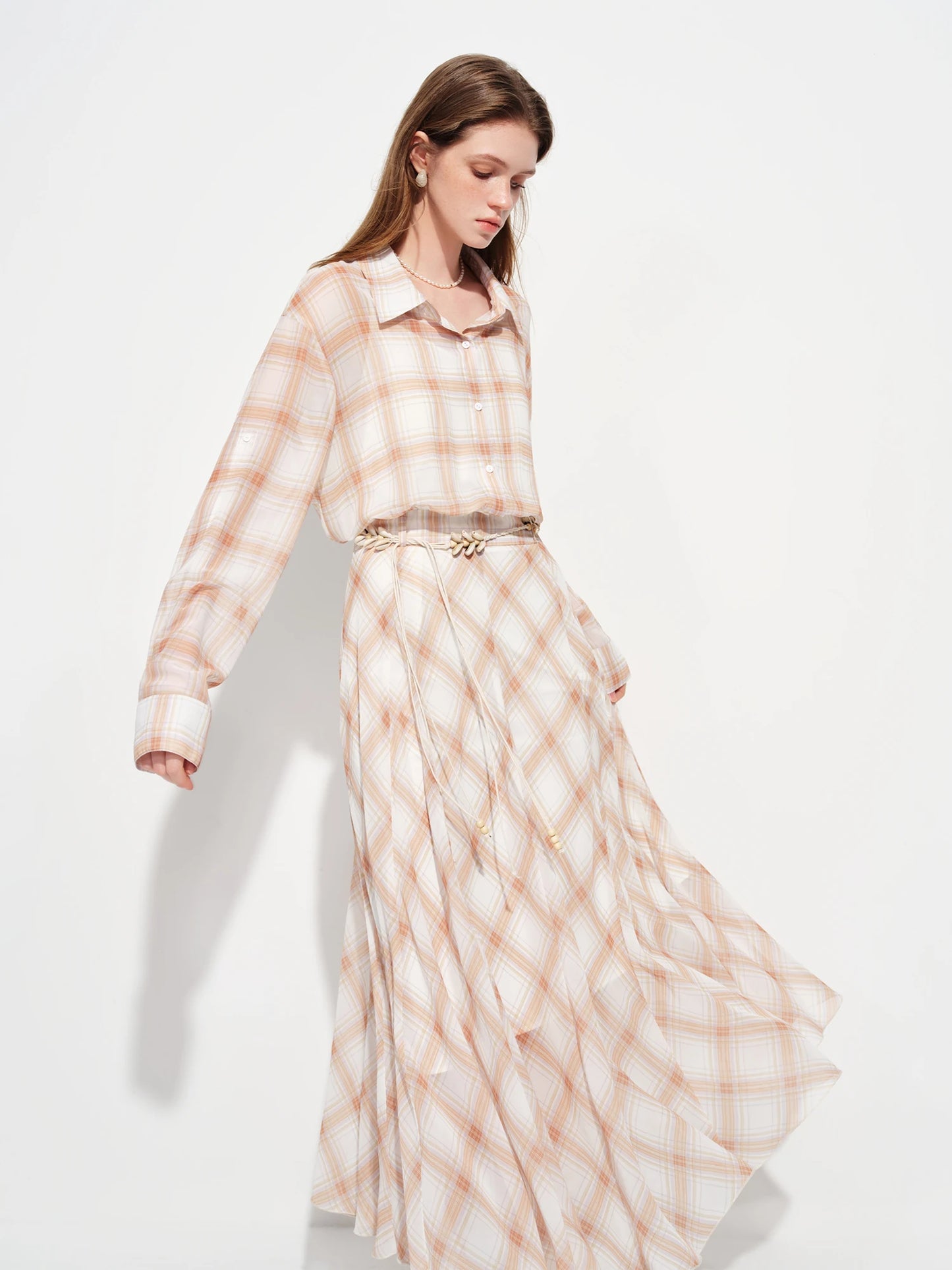 Navy Plaid Belted Shirt Maxi Dress