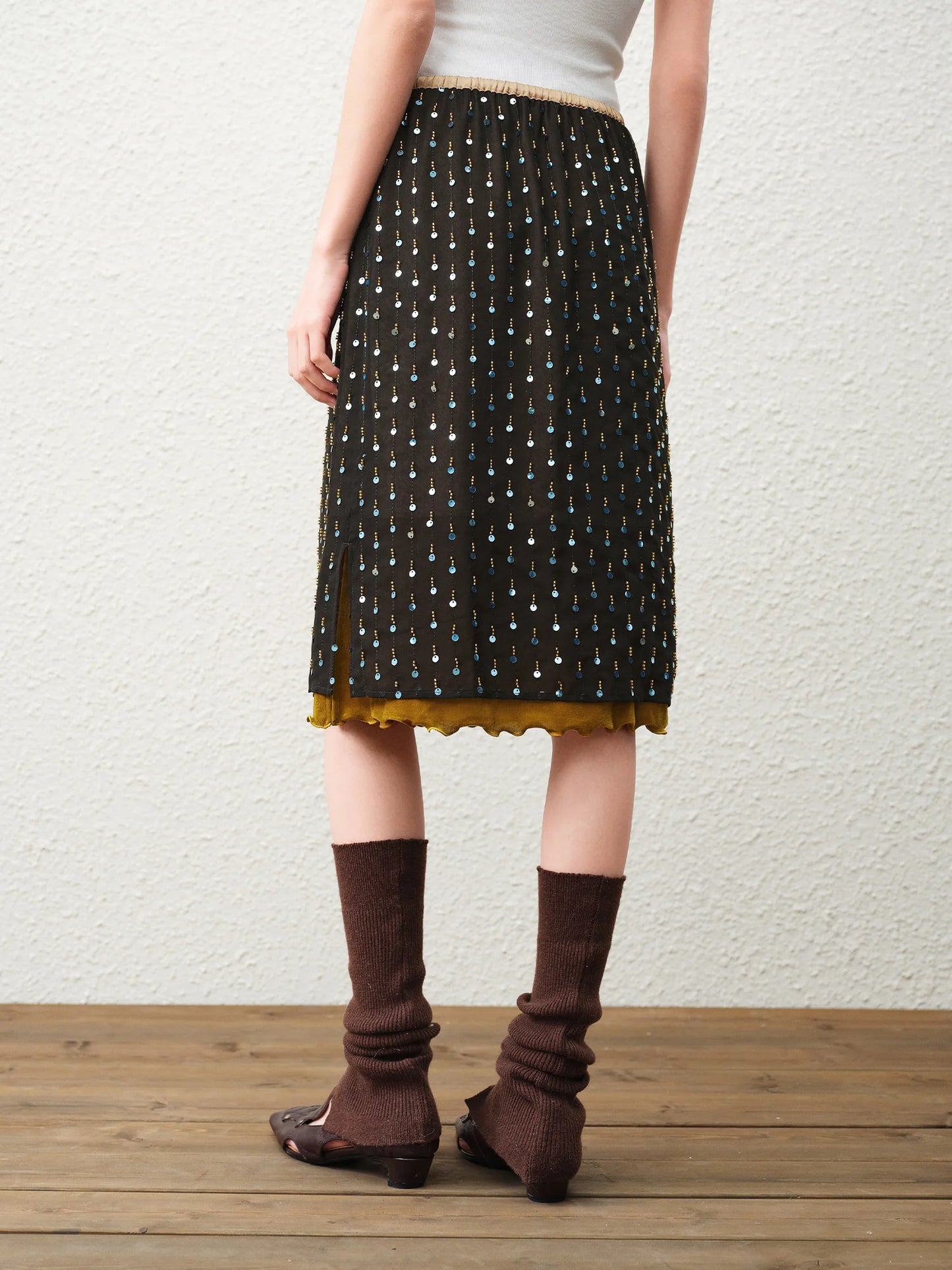 Black Beaded Velvet Pencil Midi Skirt