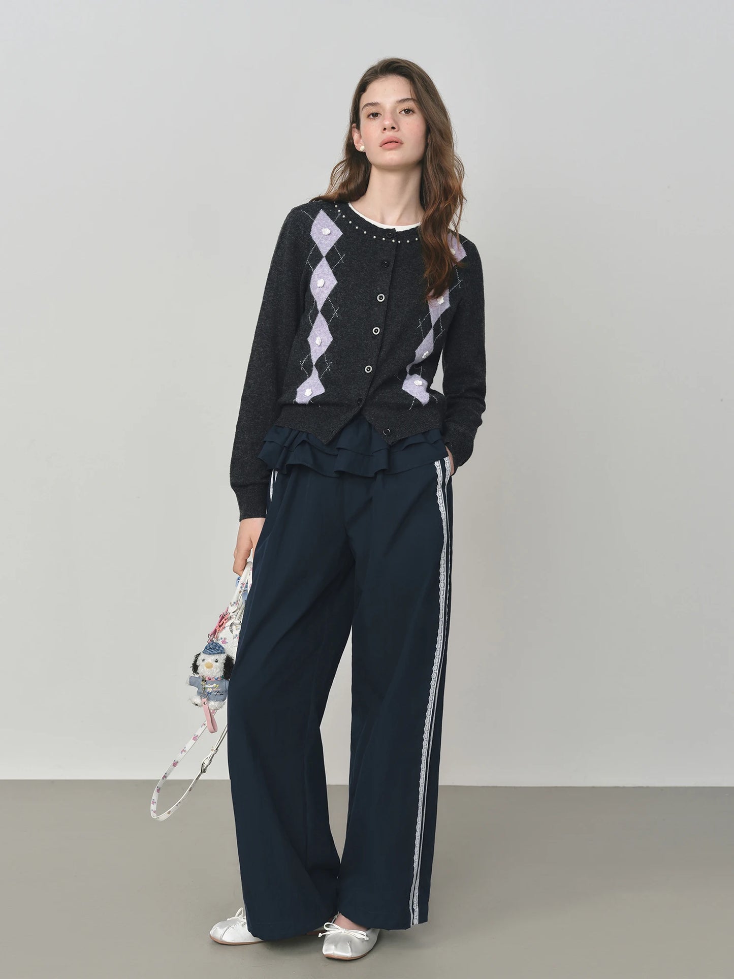 Black Argyle Ruffle Knit Cardigan