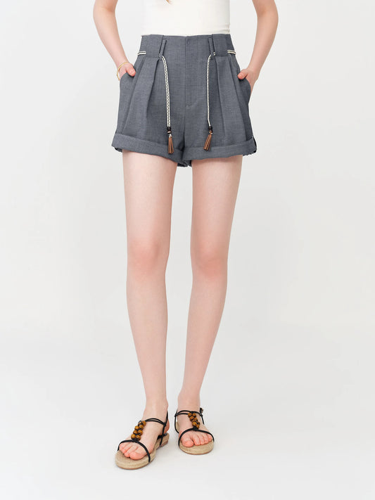 Charcoal Drawstring Pleated Shorts