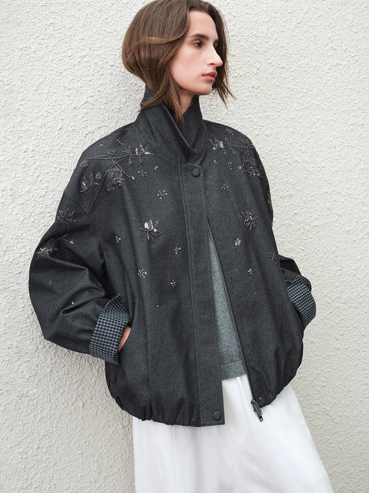 Charcoal Beaded Oversized Bomber Jacket