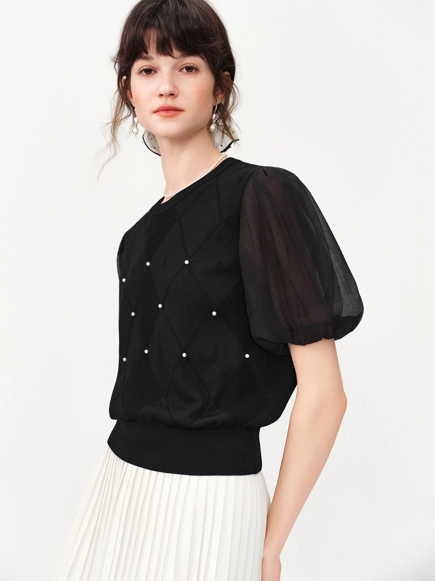 Black Pearl Puff Sleeve Knit Top