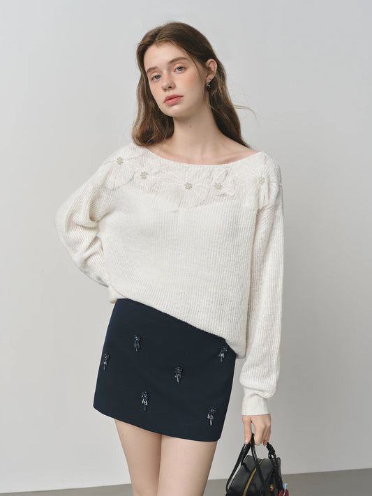 Ivory Pearl Floral Knit Sweater