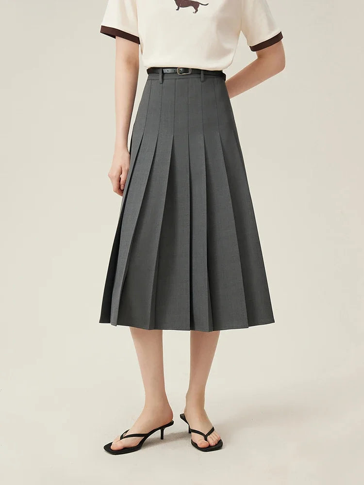 Navy Belted Pleated Midi Skirt