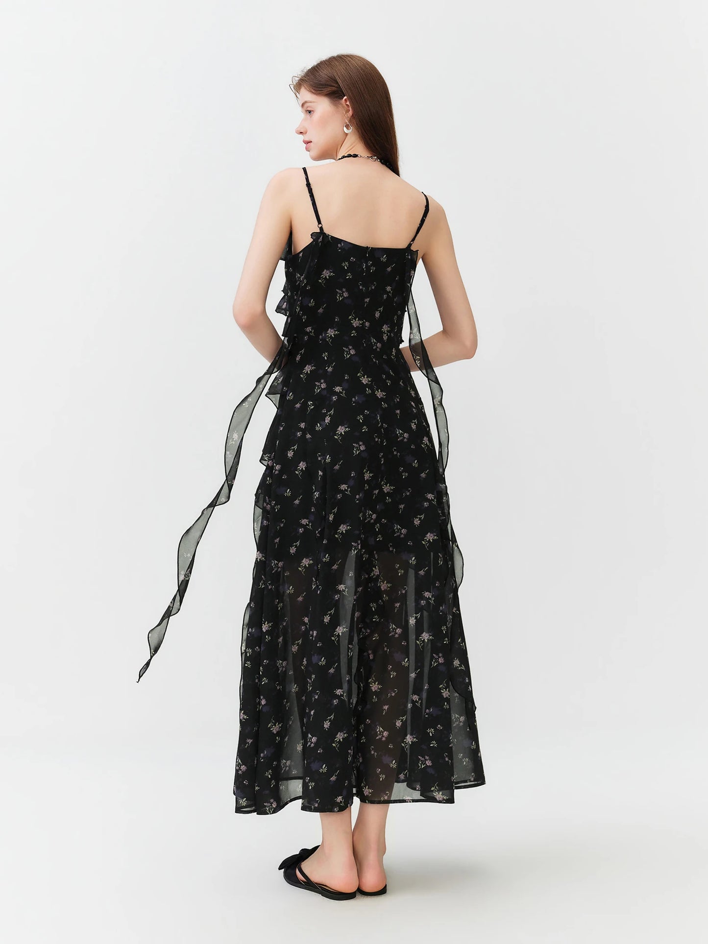 Black Floral Ruffle Tiered Maxi Dress