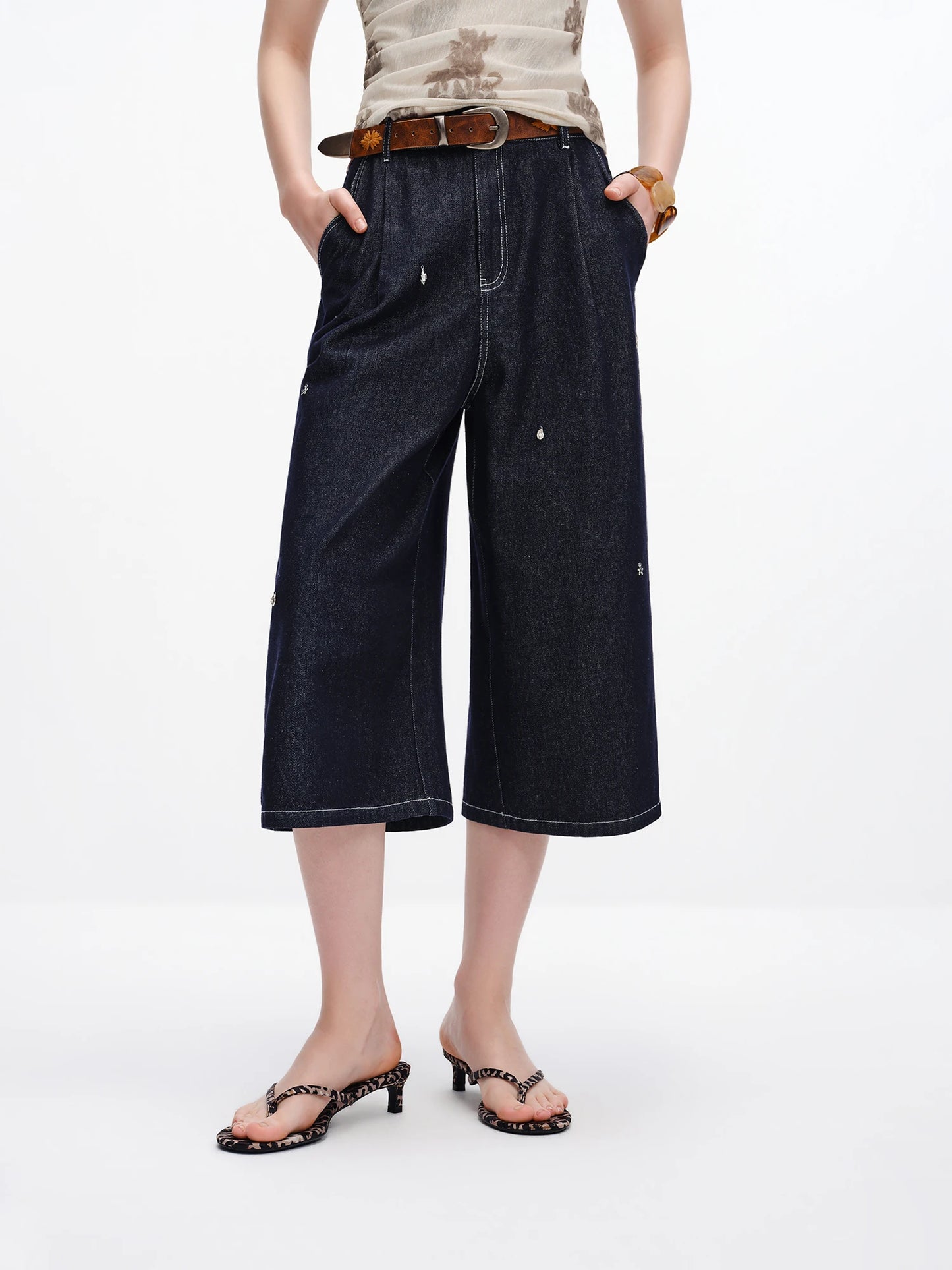 Black Denim Cropped Wide Leg Pants