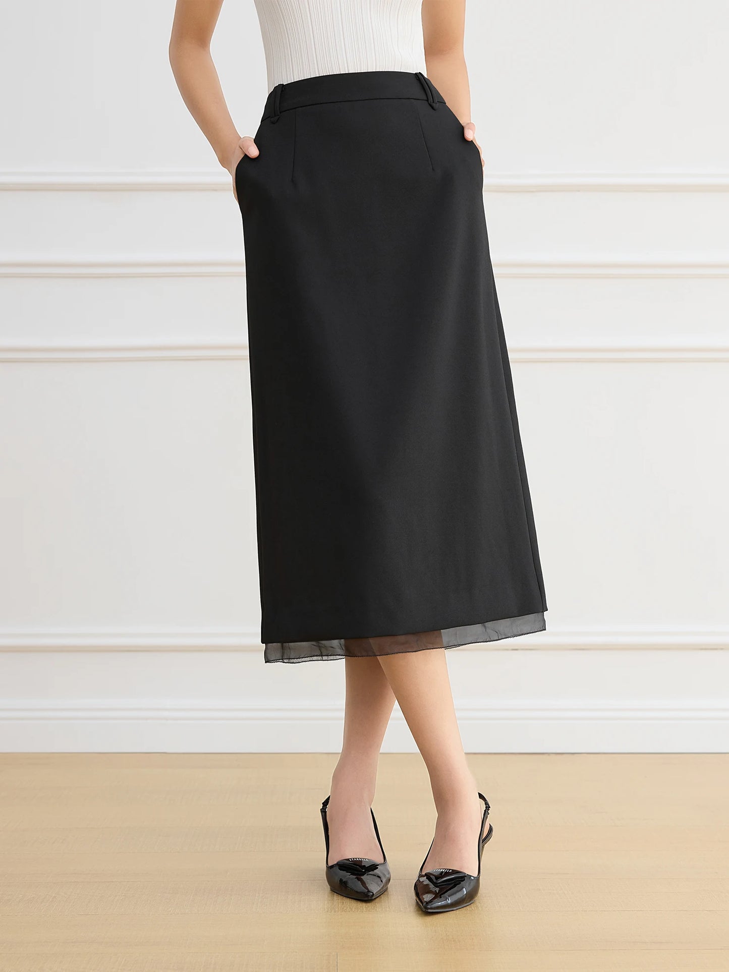 Black Straight Slit Midi Skirt