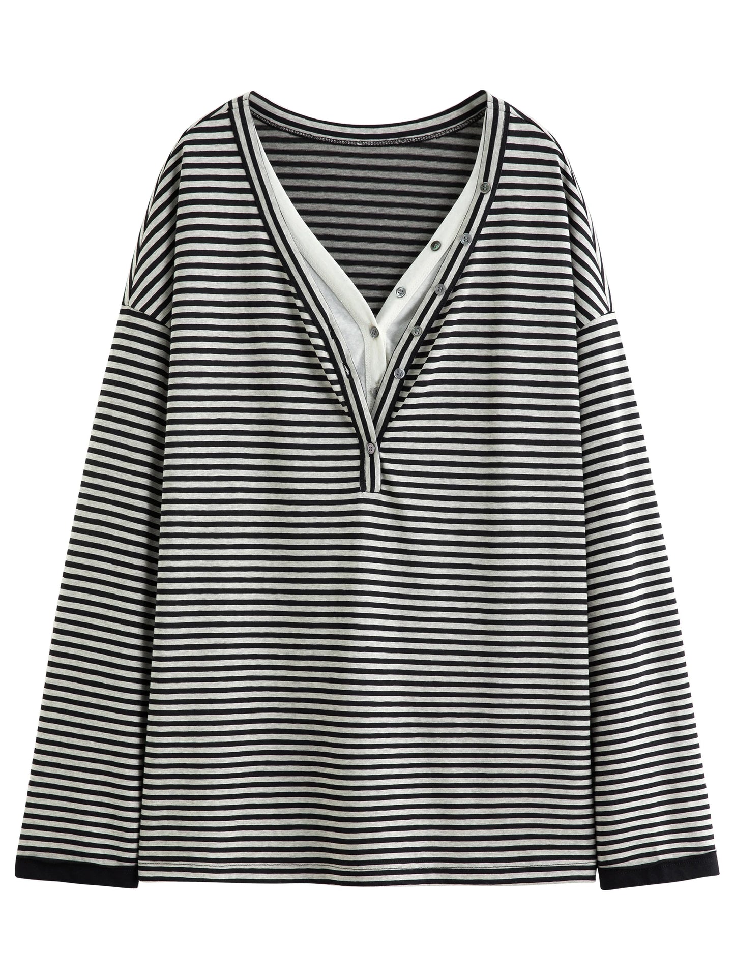 Striped V Neck Layered Long Sleeve Tee