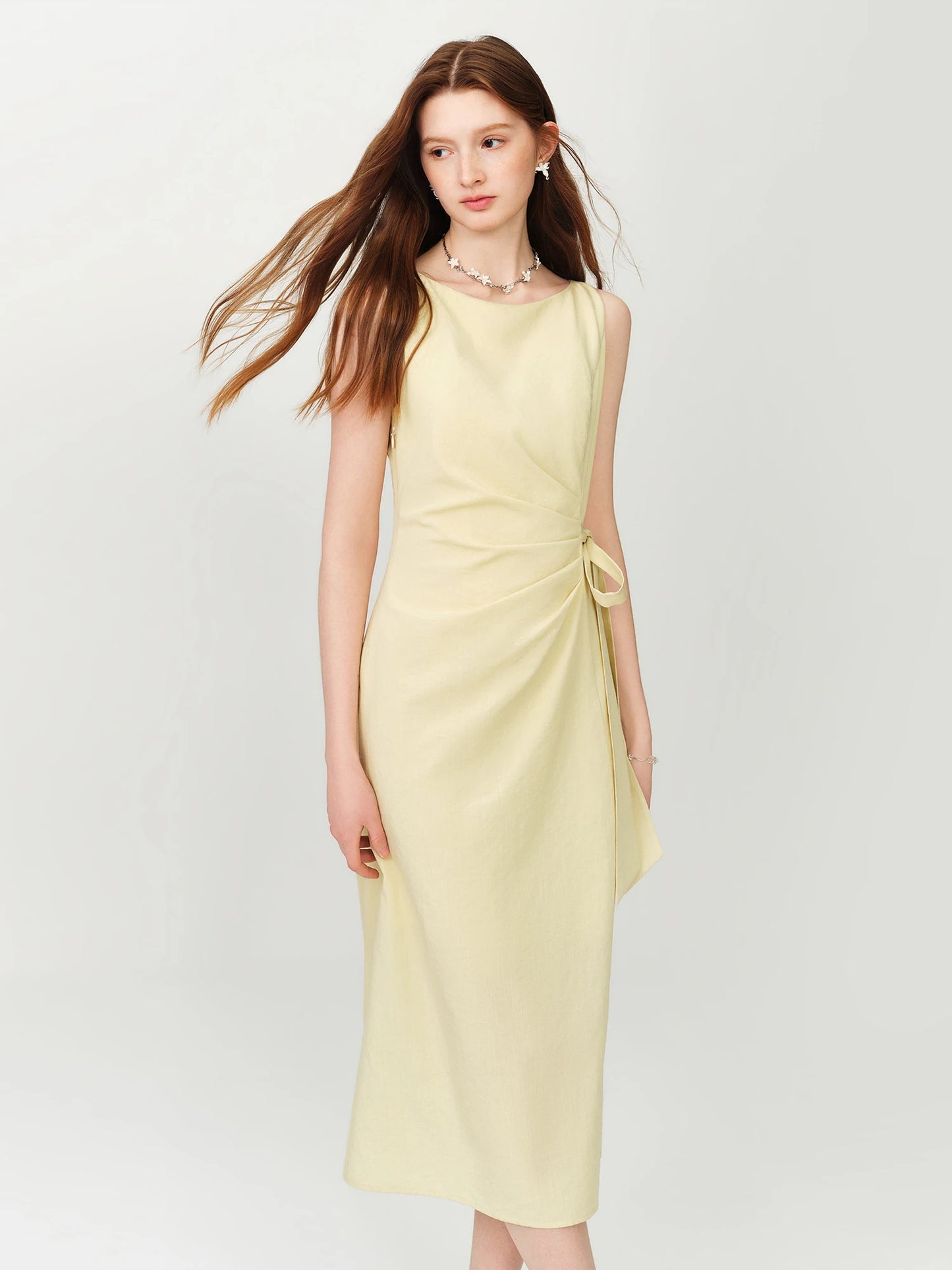 Butter Yellow Ruched Midi Dress