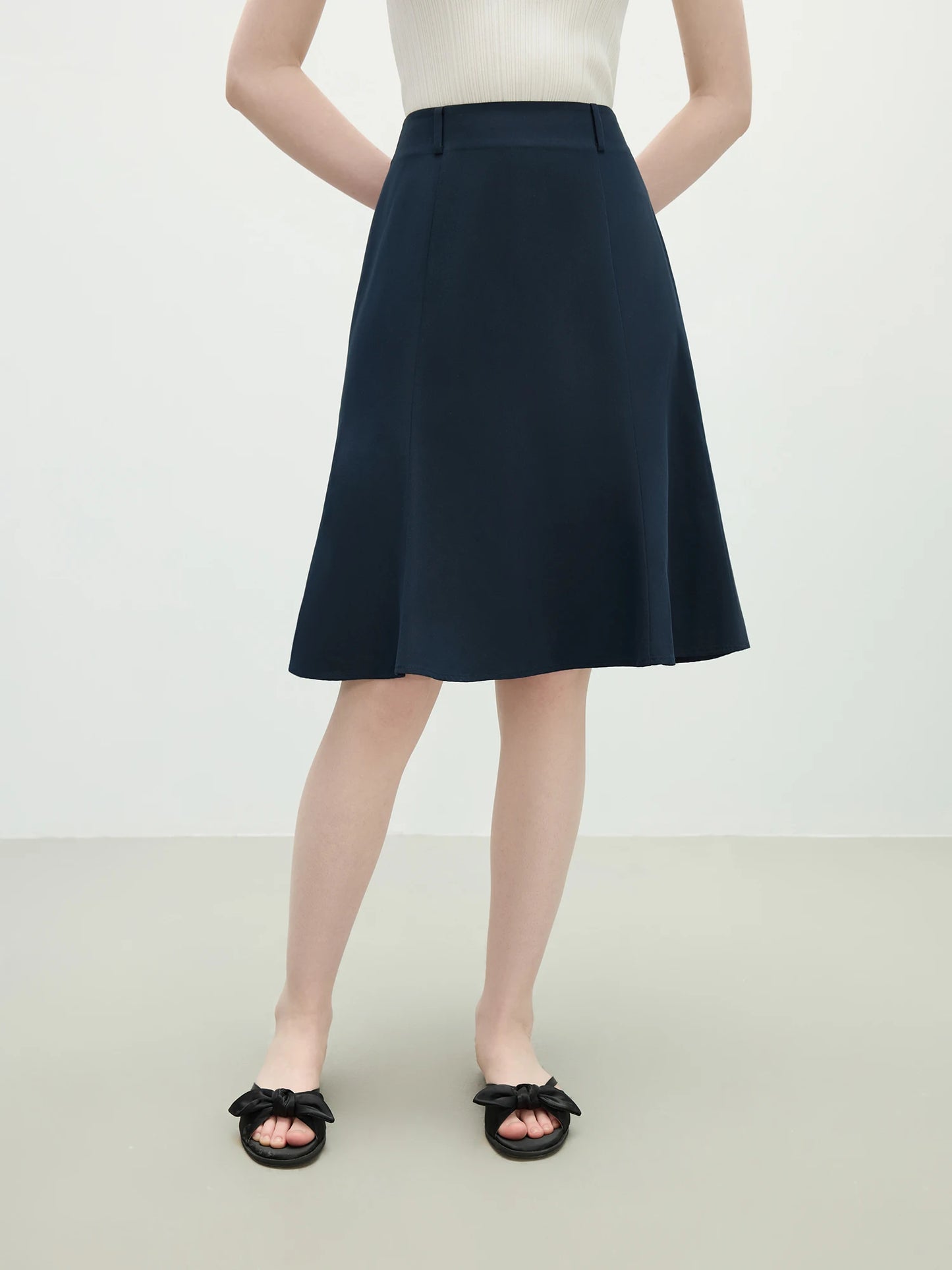 Navy Flared Hem Midi Skirt