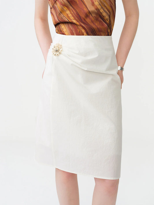 Ivory Brooch Straight Midi Skirt