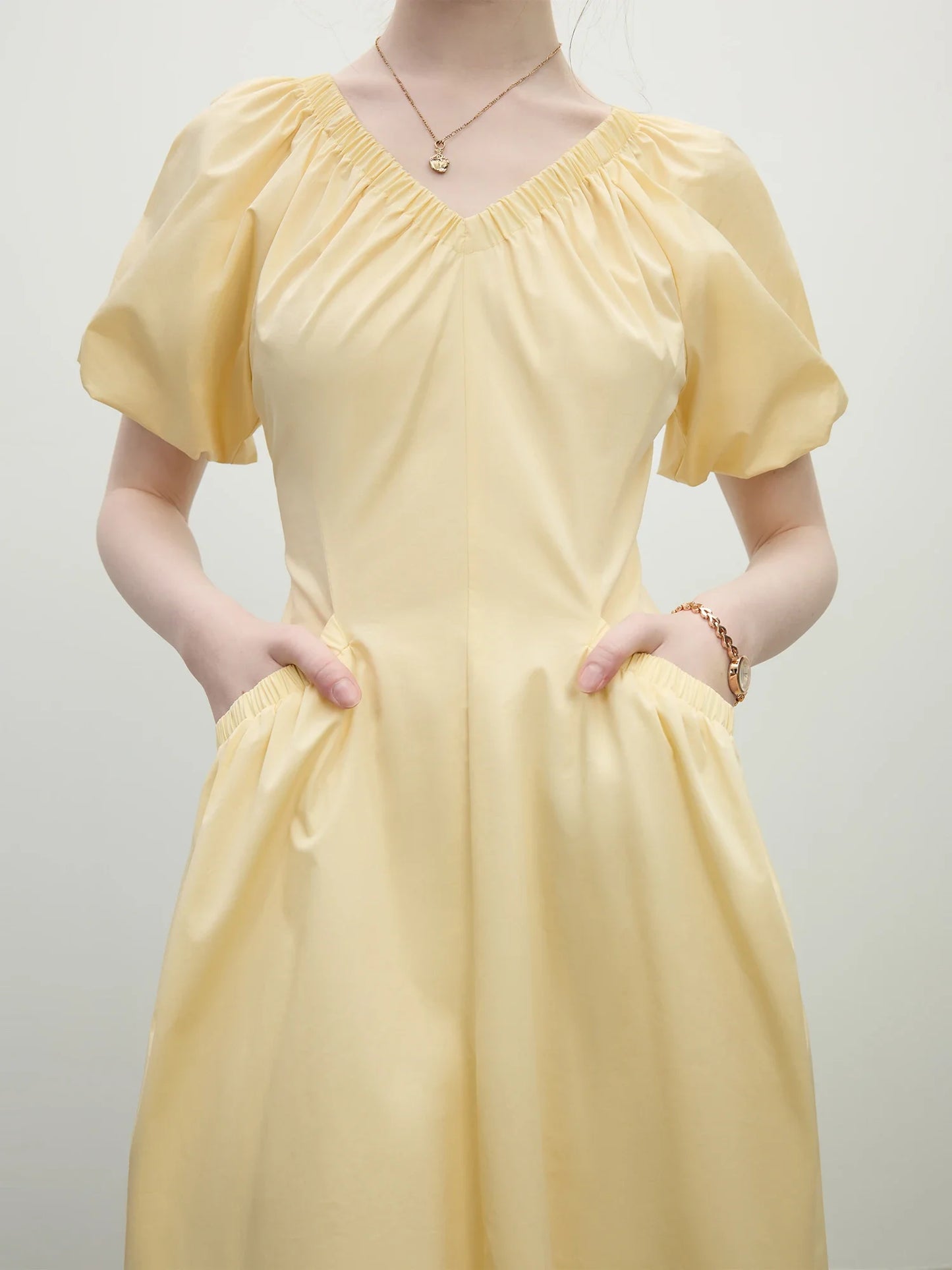 Butter Yellow Puff Sleeve Midi Dress