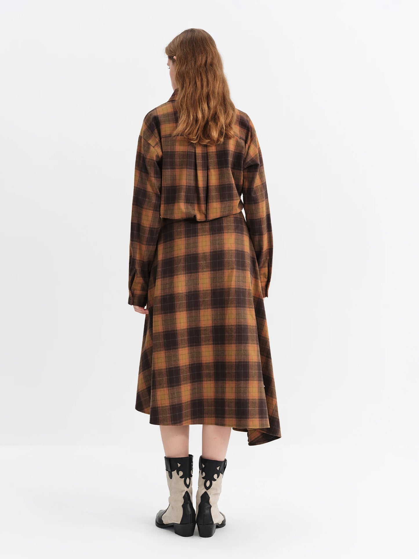 Brown Plaid Belted Shirt Maxi Dress