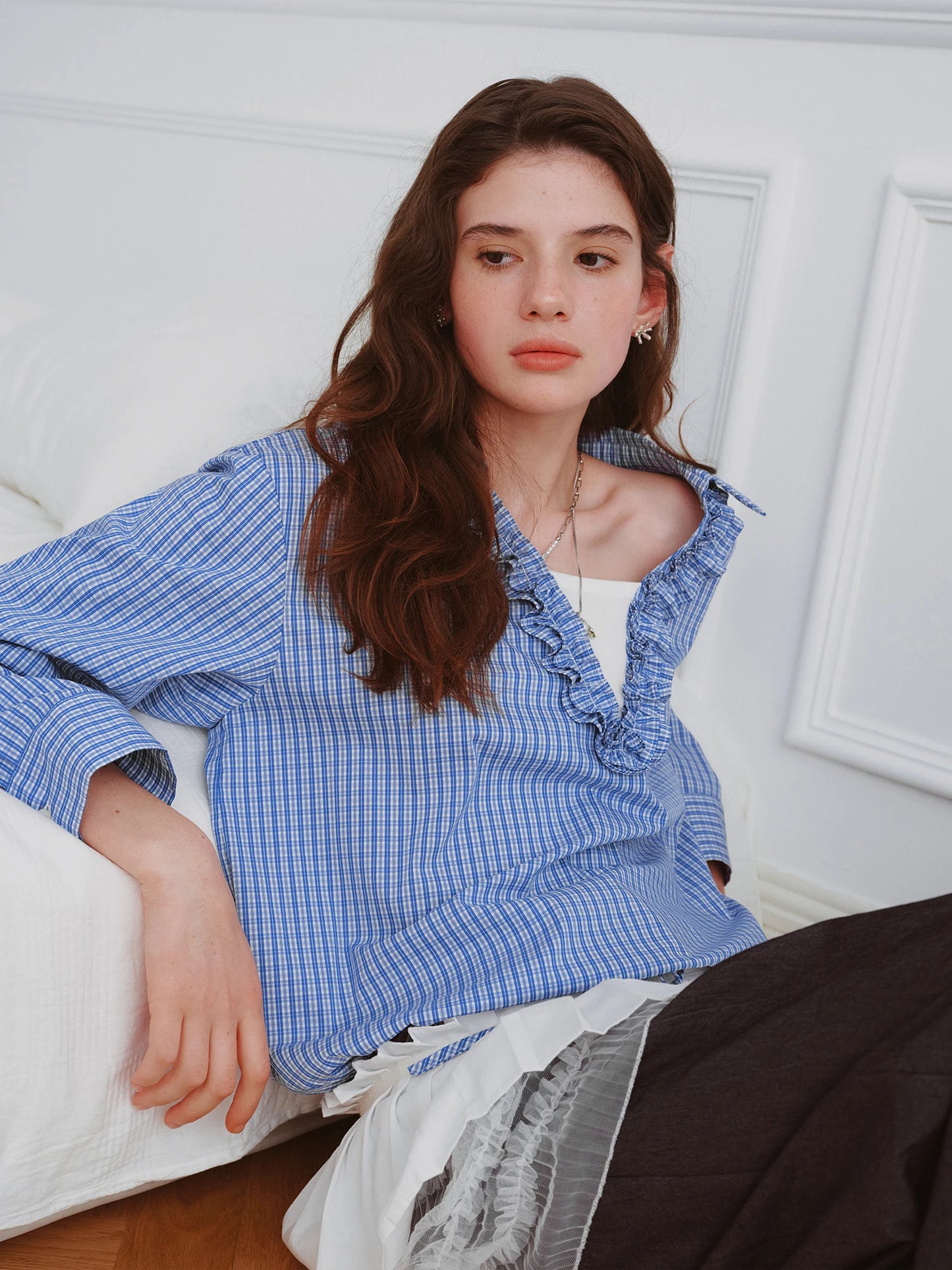 Blue Ruffle Collar Relaxed Pullover Blouse