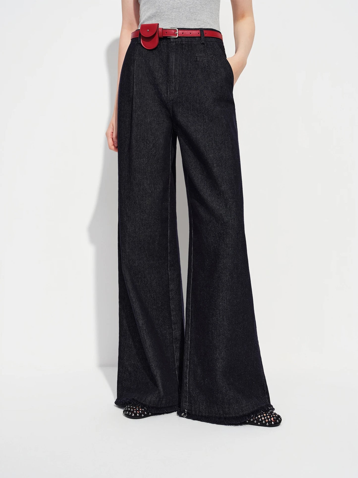 Dark Wash Belted Wide Leg Jeans