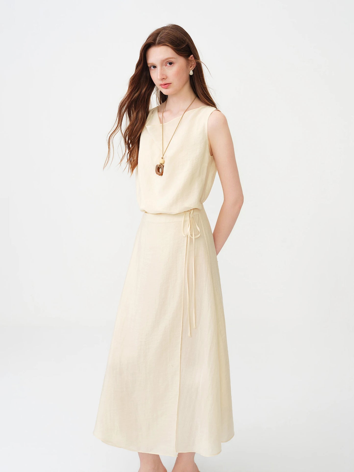 Ivory Draped Sleeveless Midi Dress