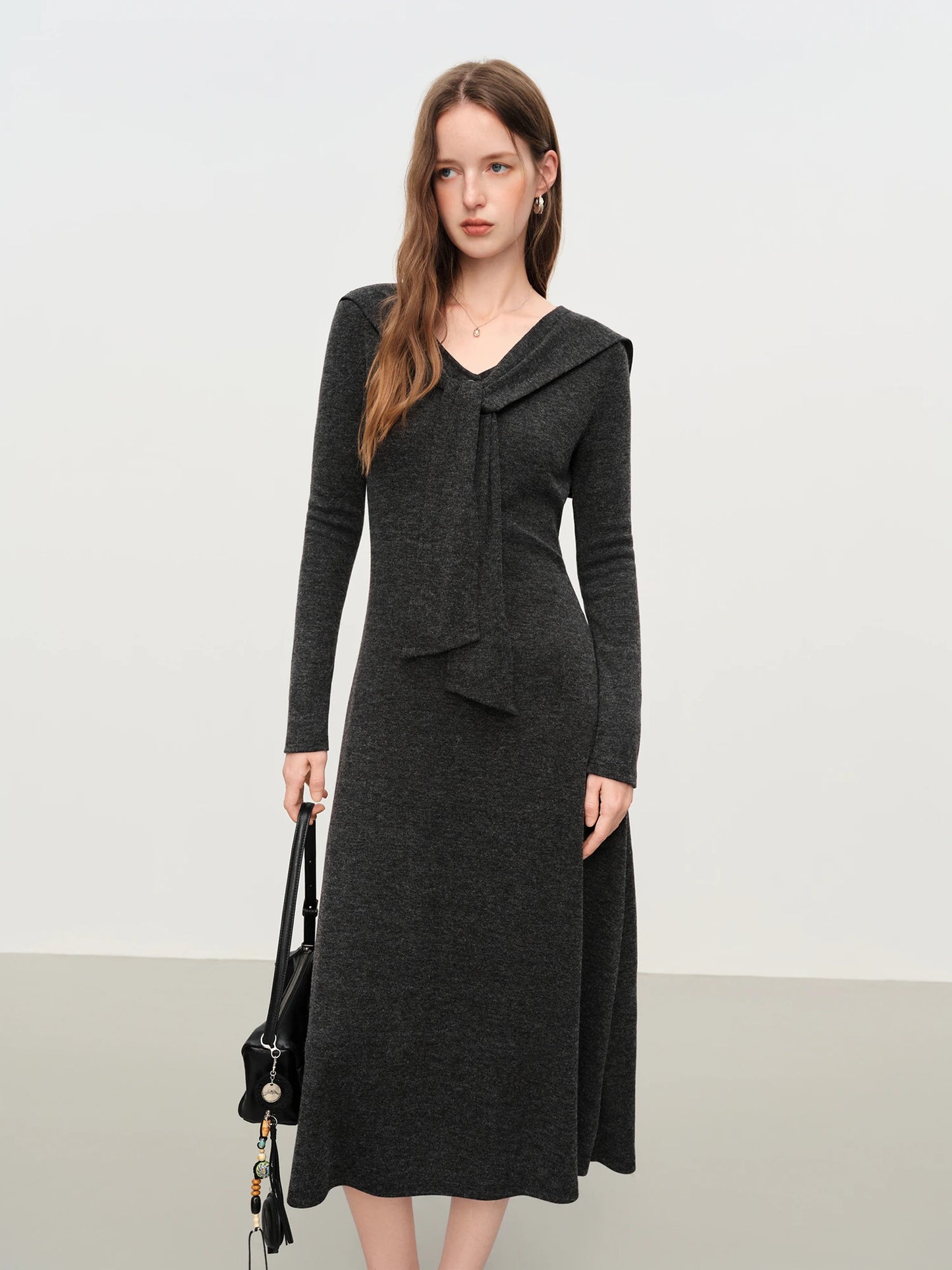 Grey Shawl Collar Knit Maxi Dress