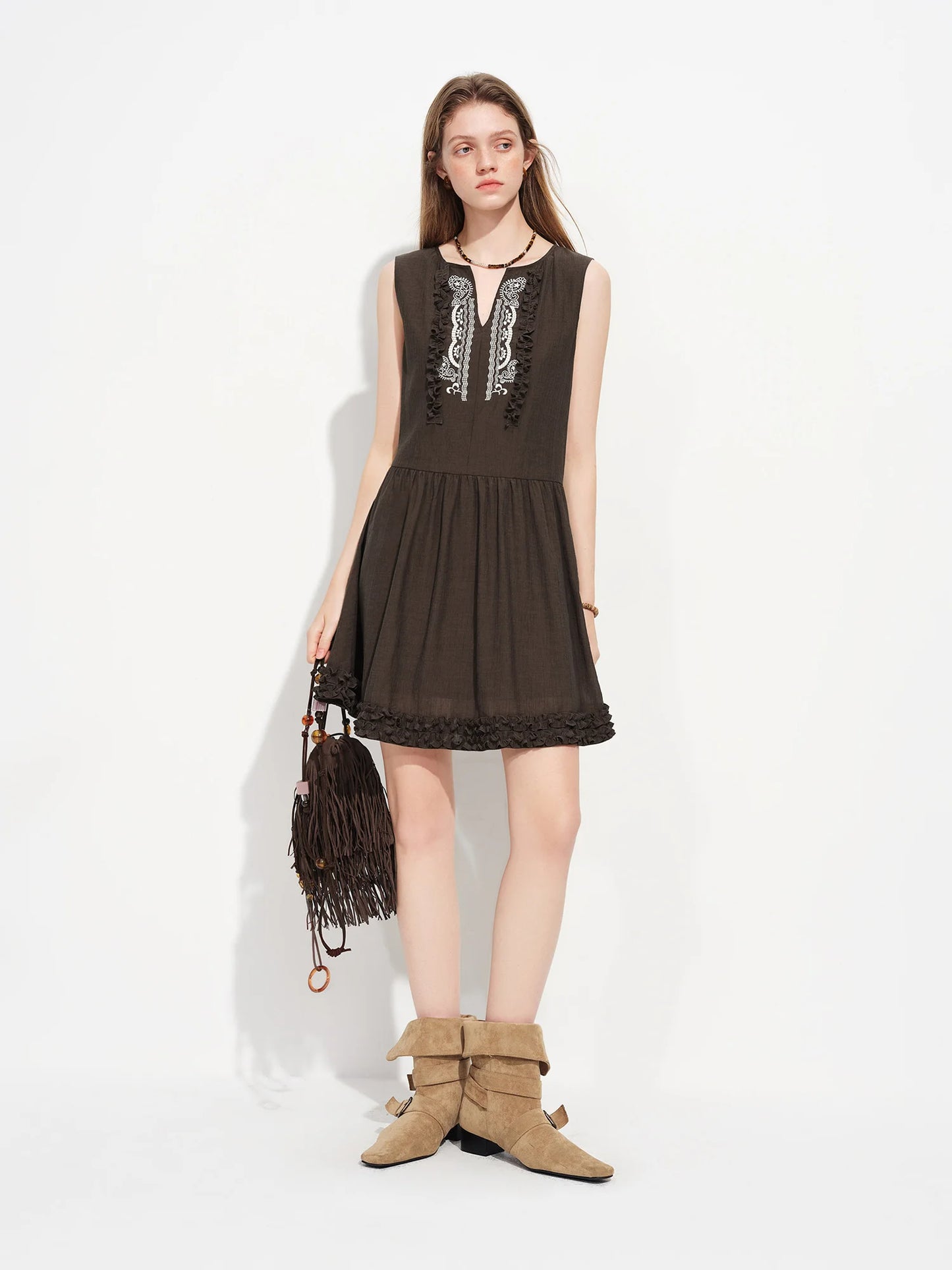 Brown Embroidered Sleeveless Mini Dress