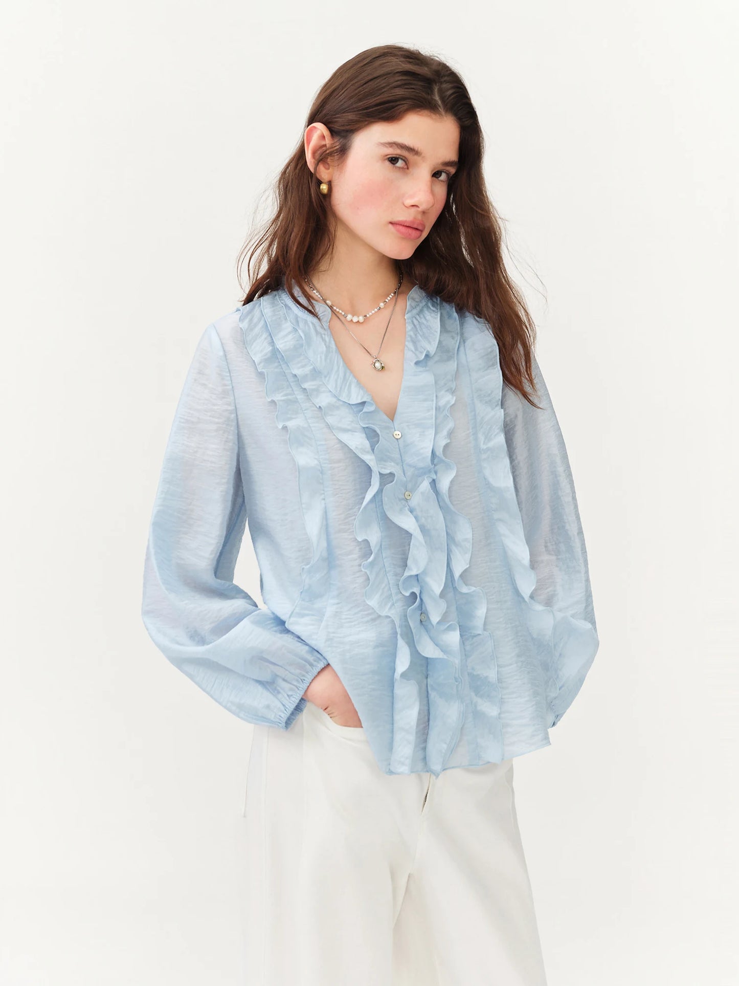Pale Blue Ruffle Front Blouse