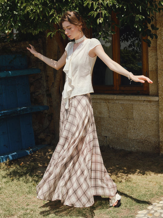 Beige Plaid Bias Cut Maxi Skirt