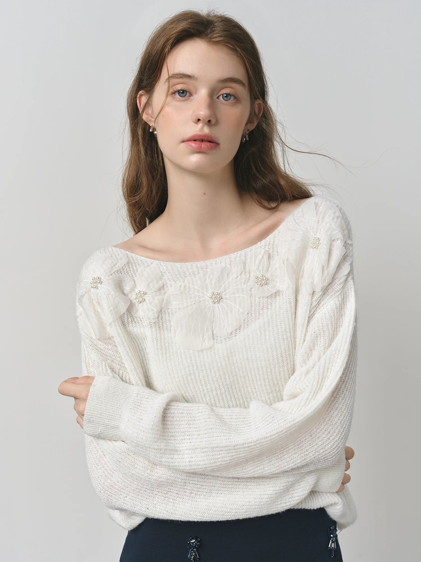 Ivory Pearl Floral Knit Sweater