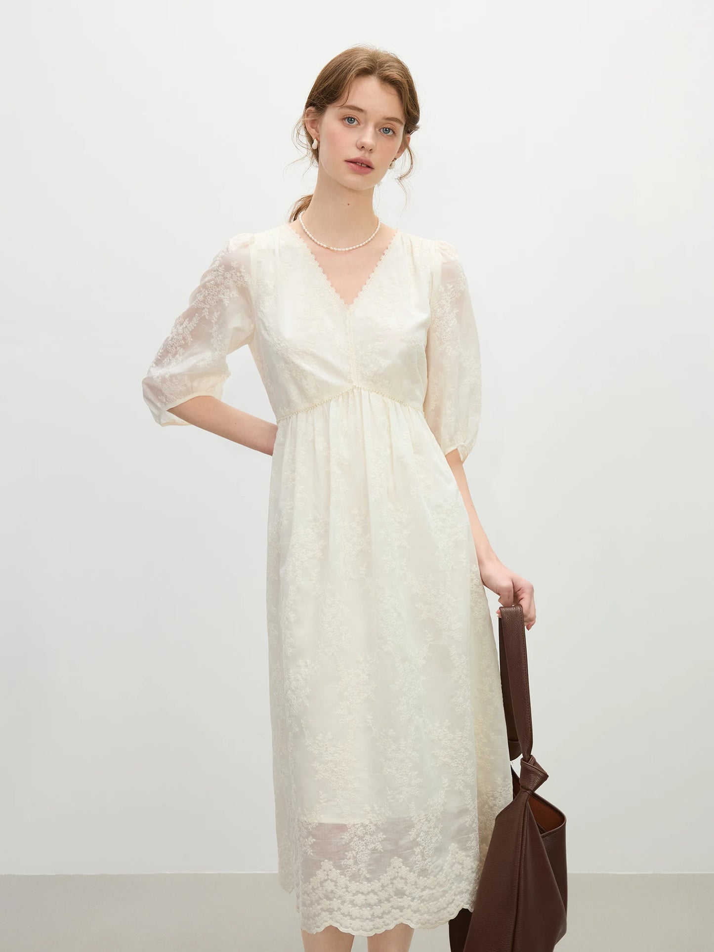 Ivory Lace Puff Sleeve Midi Dress