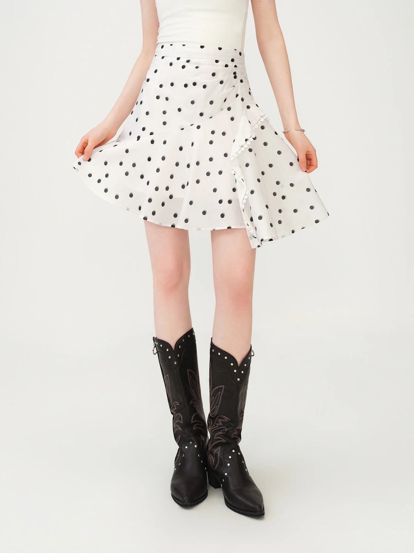Ivory Polka Dot Ruffle Mini Skirt