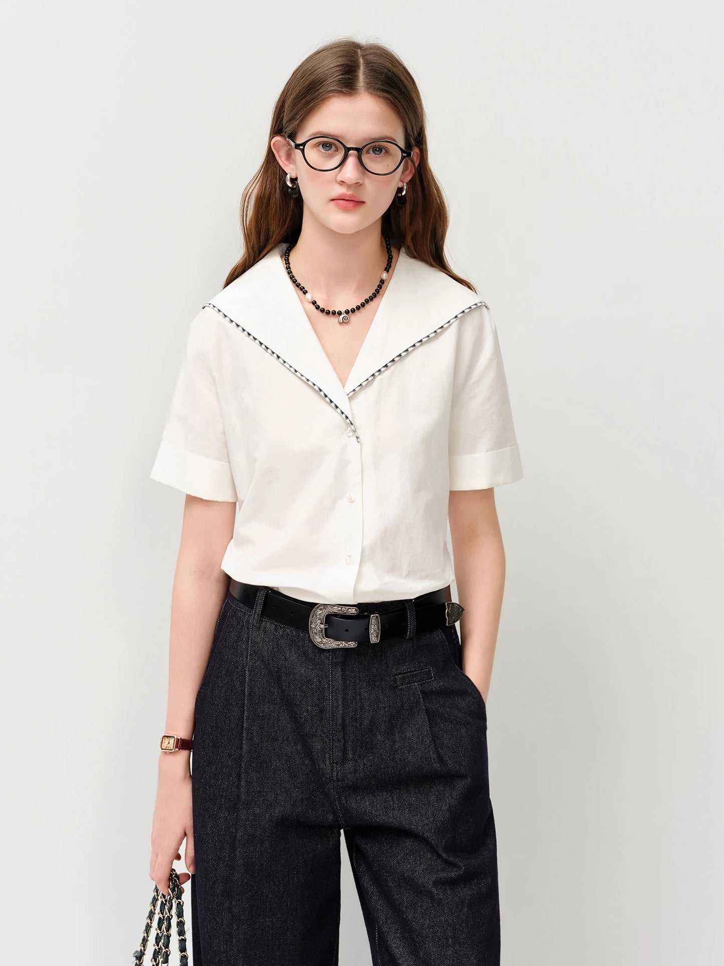 White Sailor Collar Embroidered Shirt