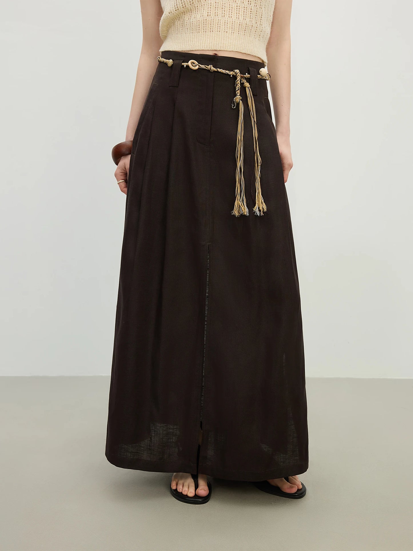 Brown Drawstring Sheer Maxi Skirt