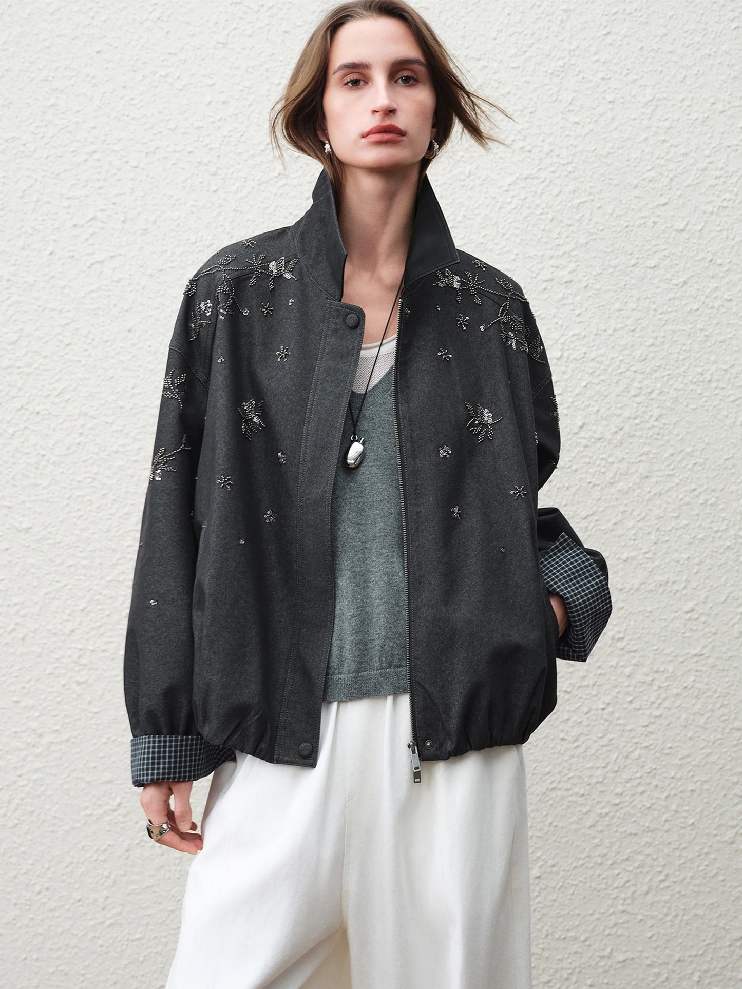 Charcoal Beaded Oversized Bomber Jacket