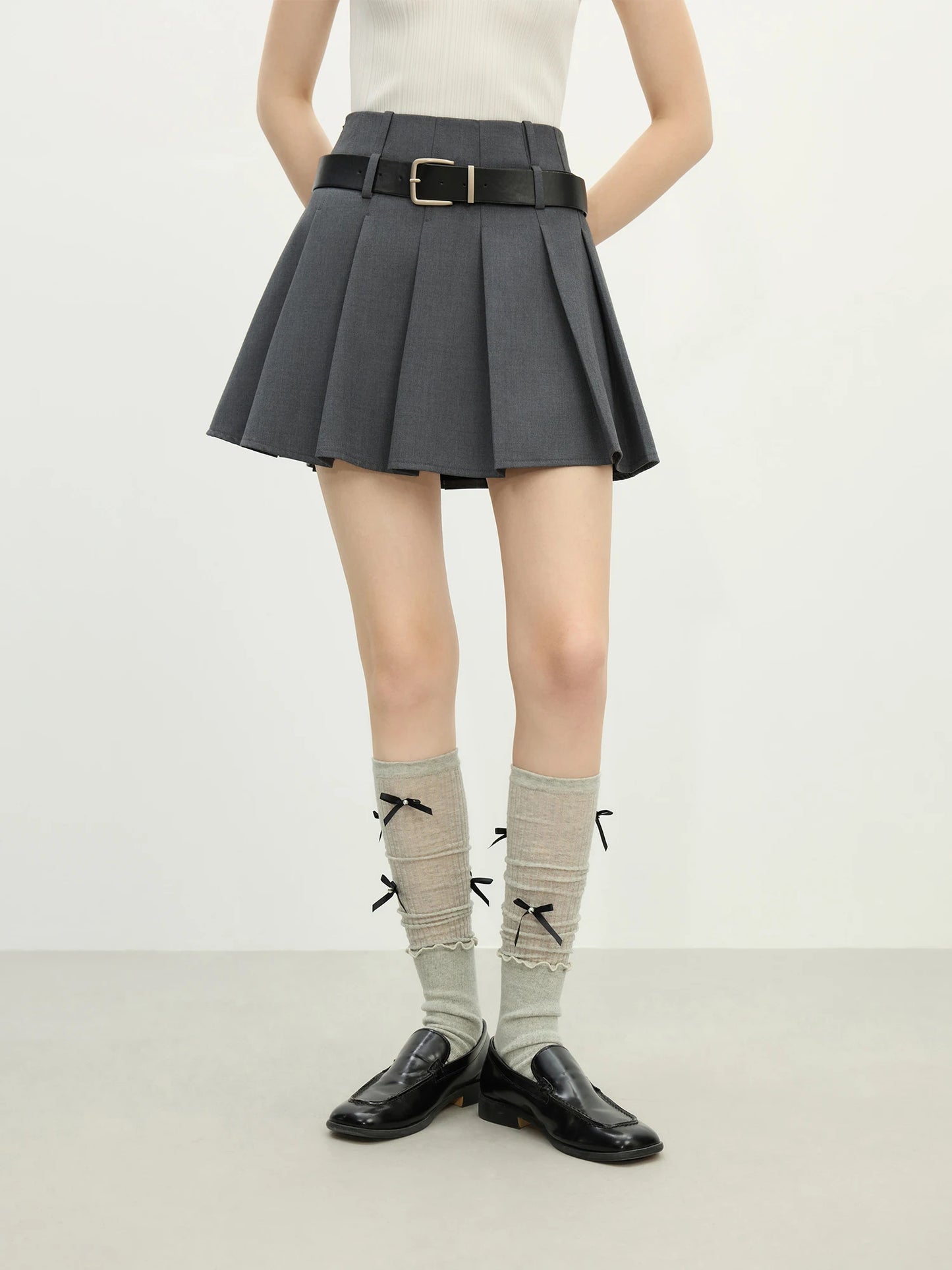 Charcoal Belted Pleated Mini Skirt