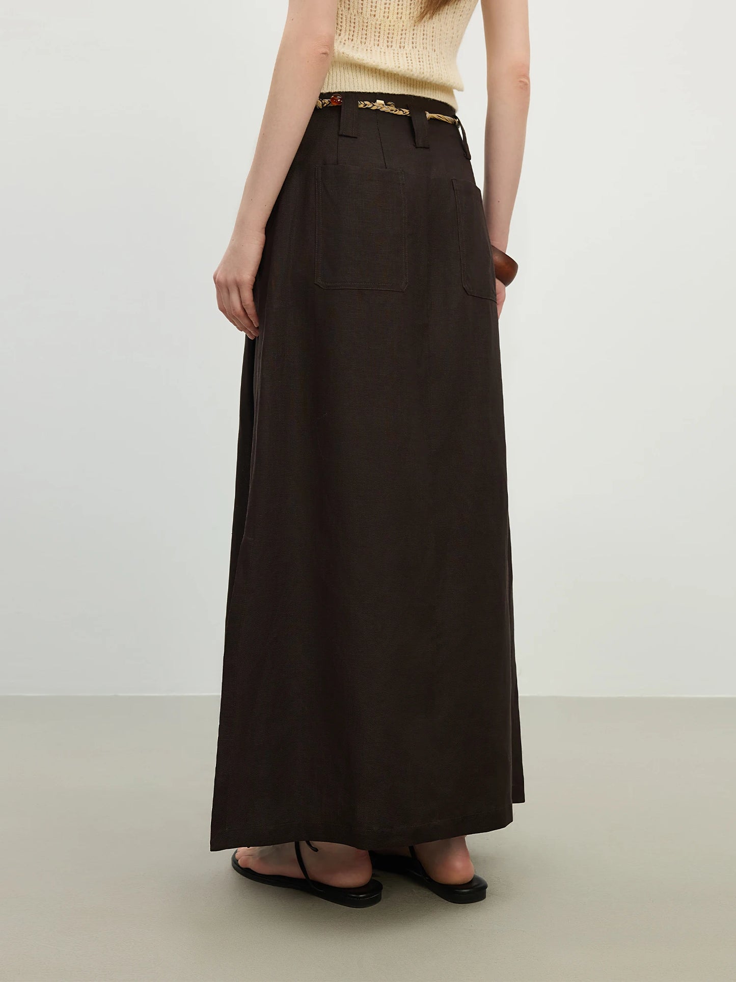 Brown Drawstring Sheer Maxi Skirt