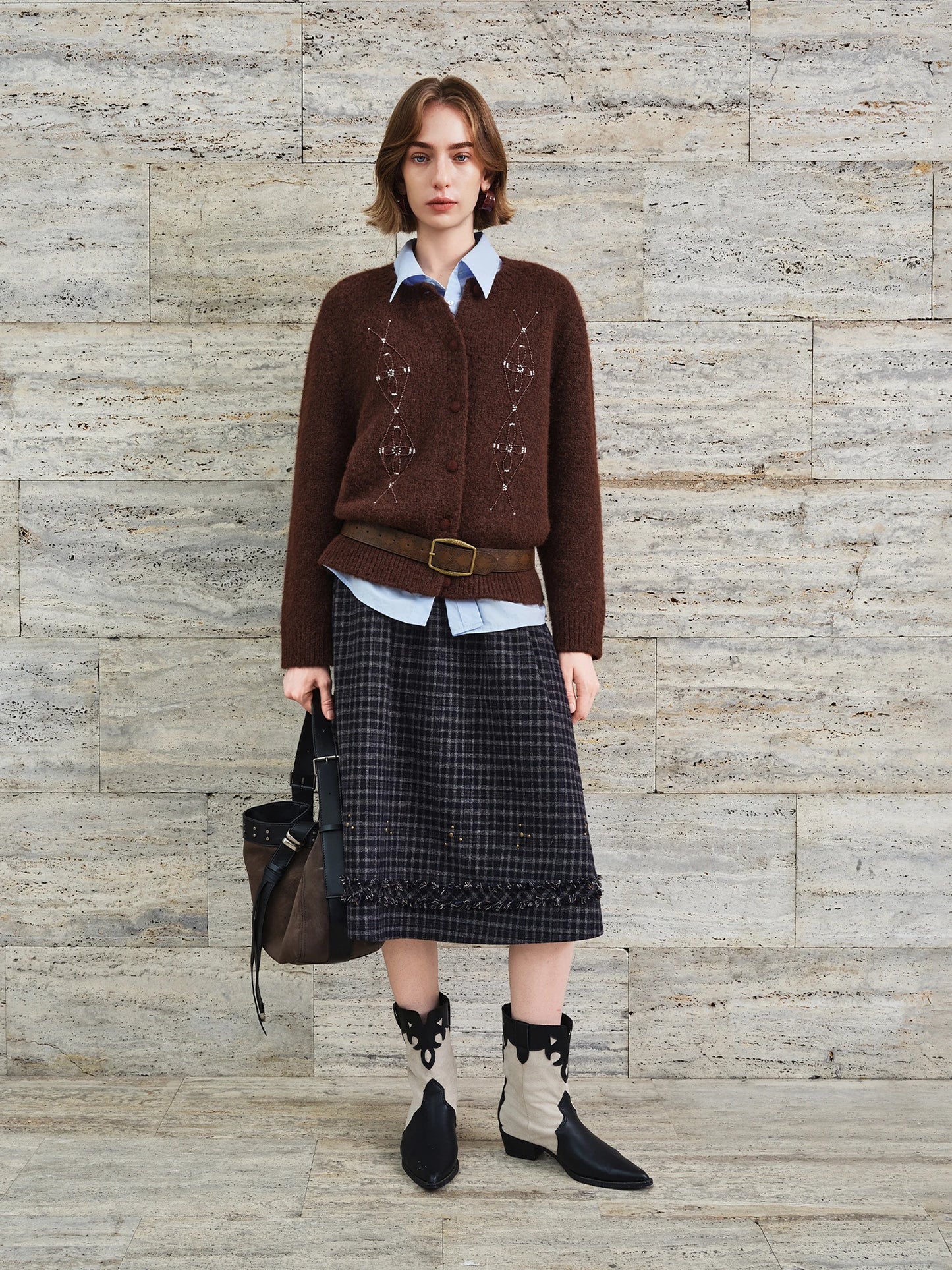 Chocolate Beaded Belted Knit Cardigan