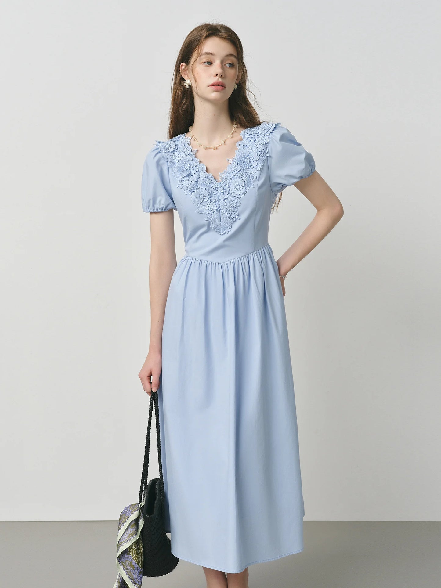 Pale Blue Lace V-Neck Midi Dress