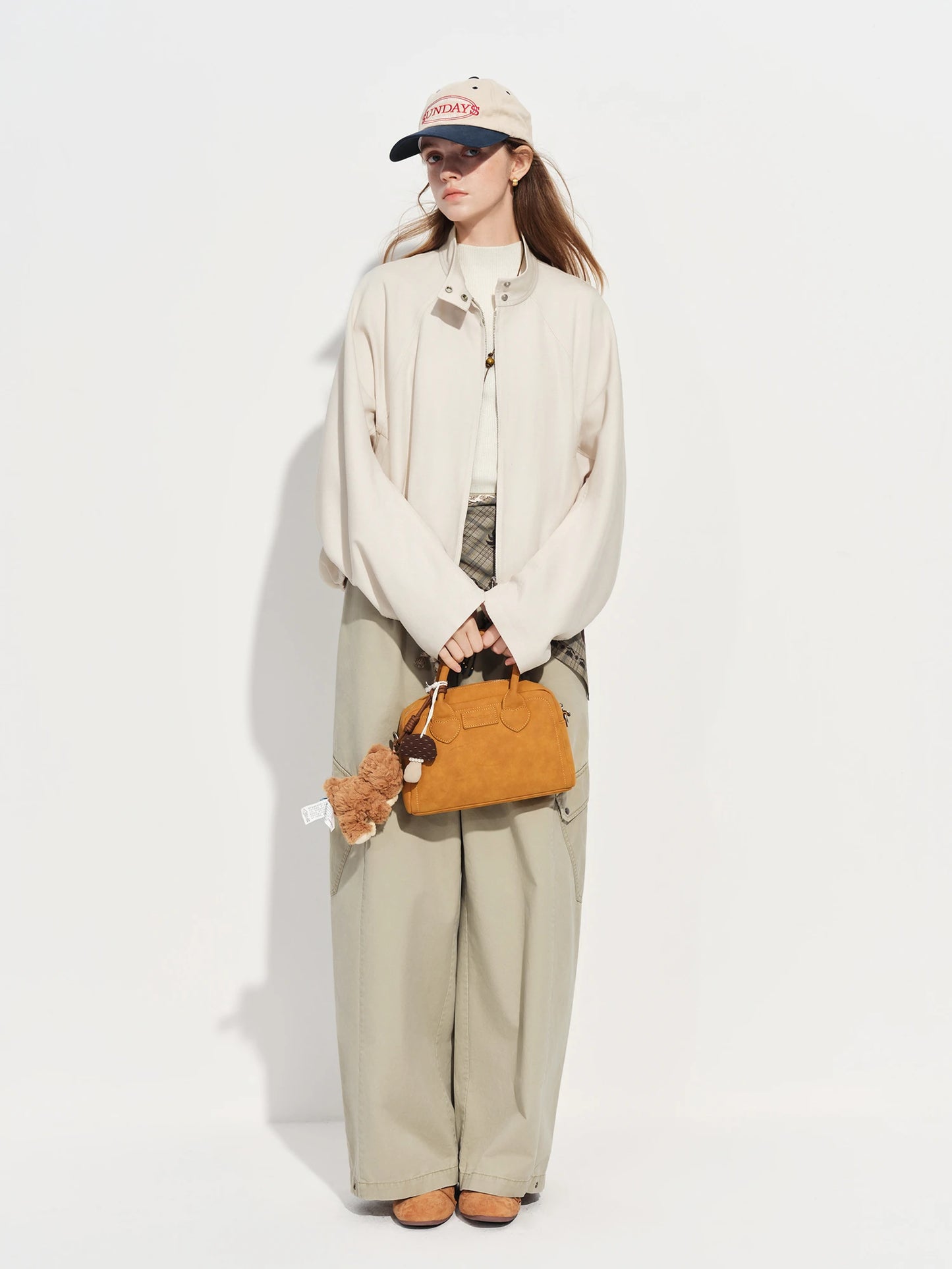 Ivory Stand Collar Bomber Jacket