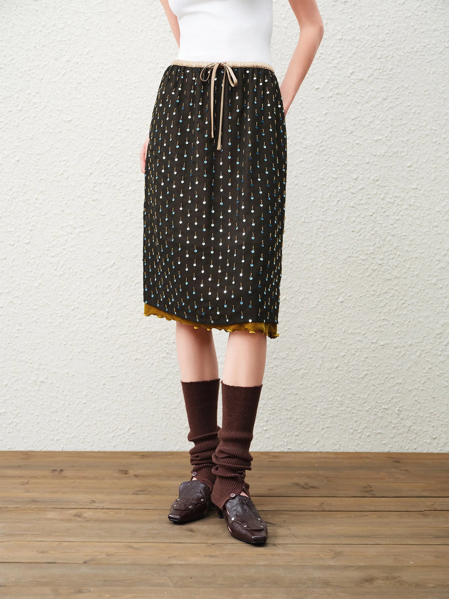 Black Beaded Velvet Pencil Midi Skirt