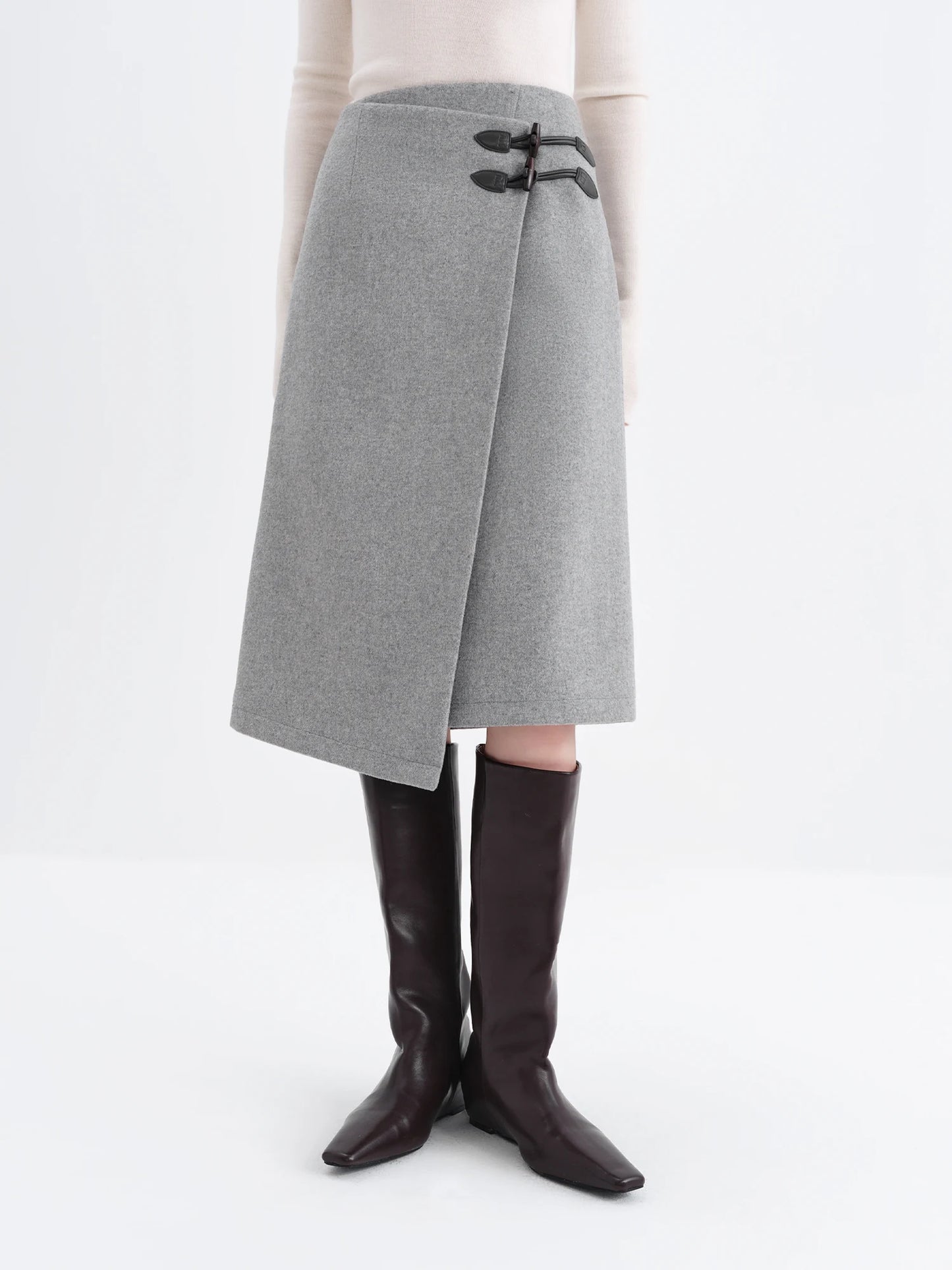 Brown Plaid Buckle Midi Skirt