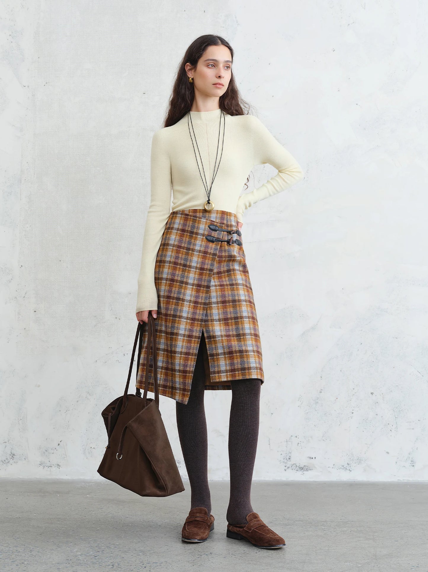 Brown Plaid Buckle Midi Skirt