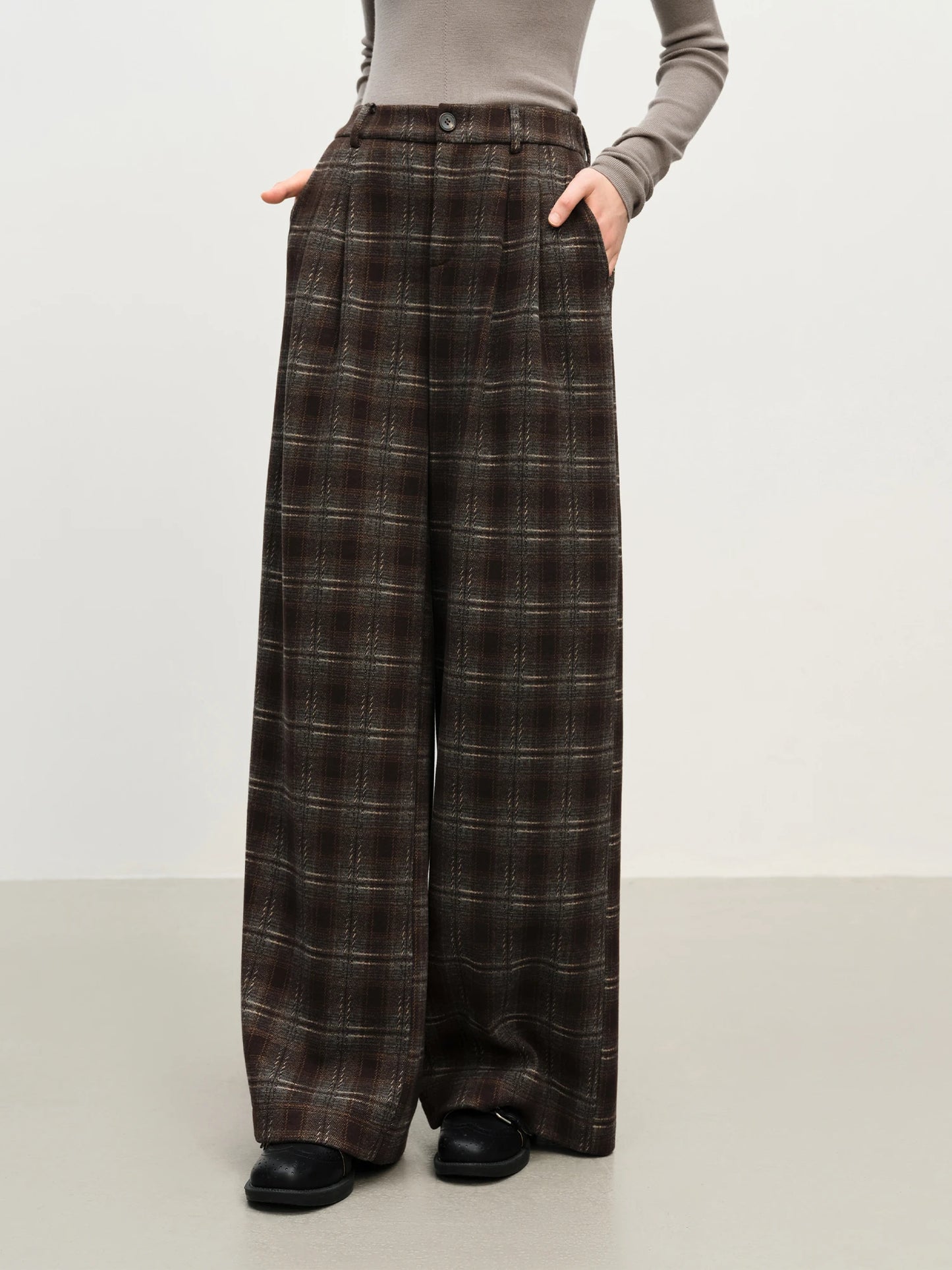 Brown Plaid Wide Leg Trousers