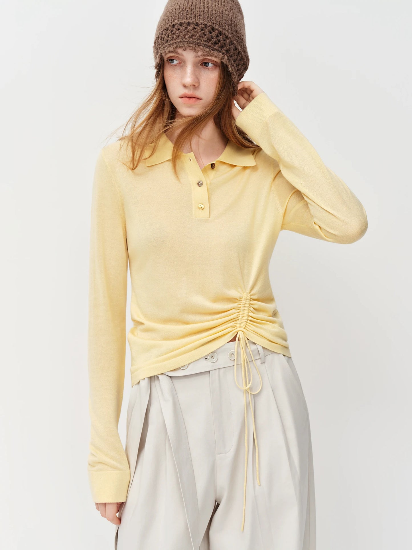 Butter Yellow Drawstring Polo Knit Top