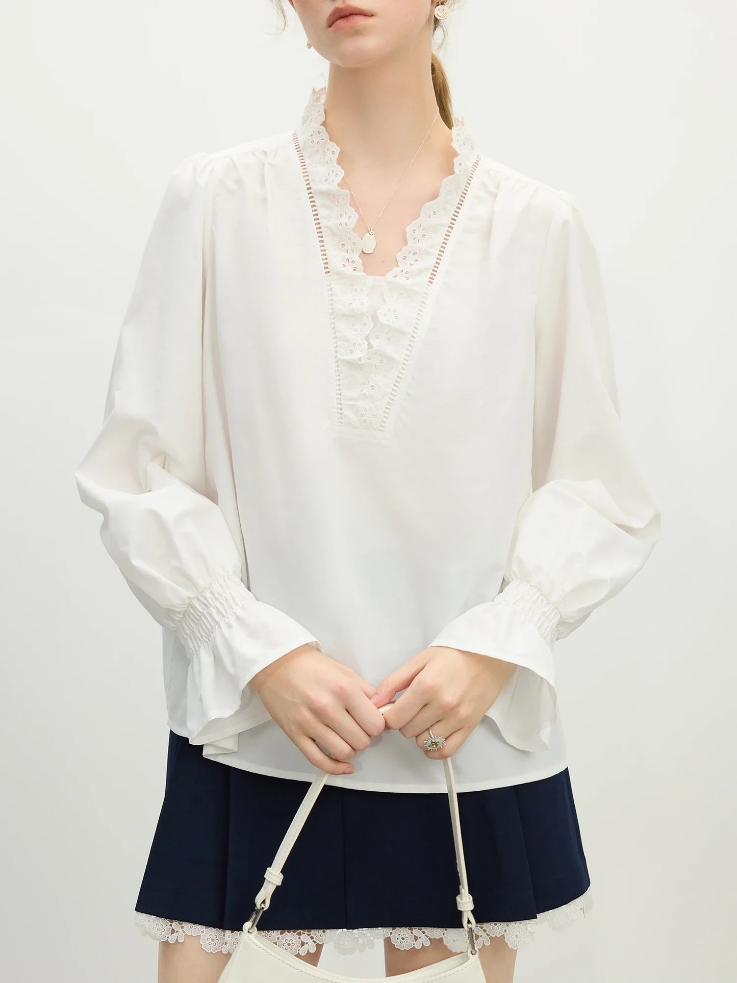 White Lace Placket V Neck Blouse