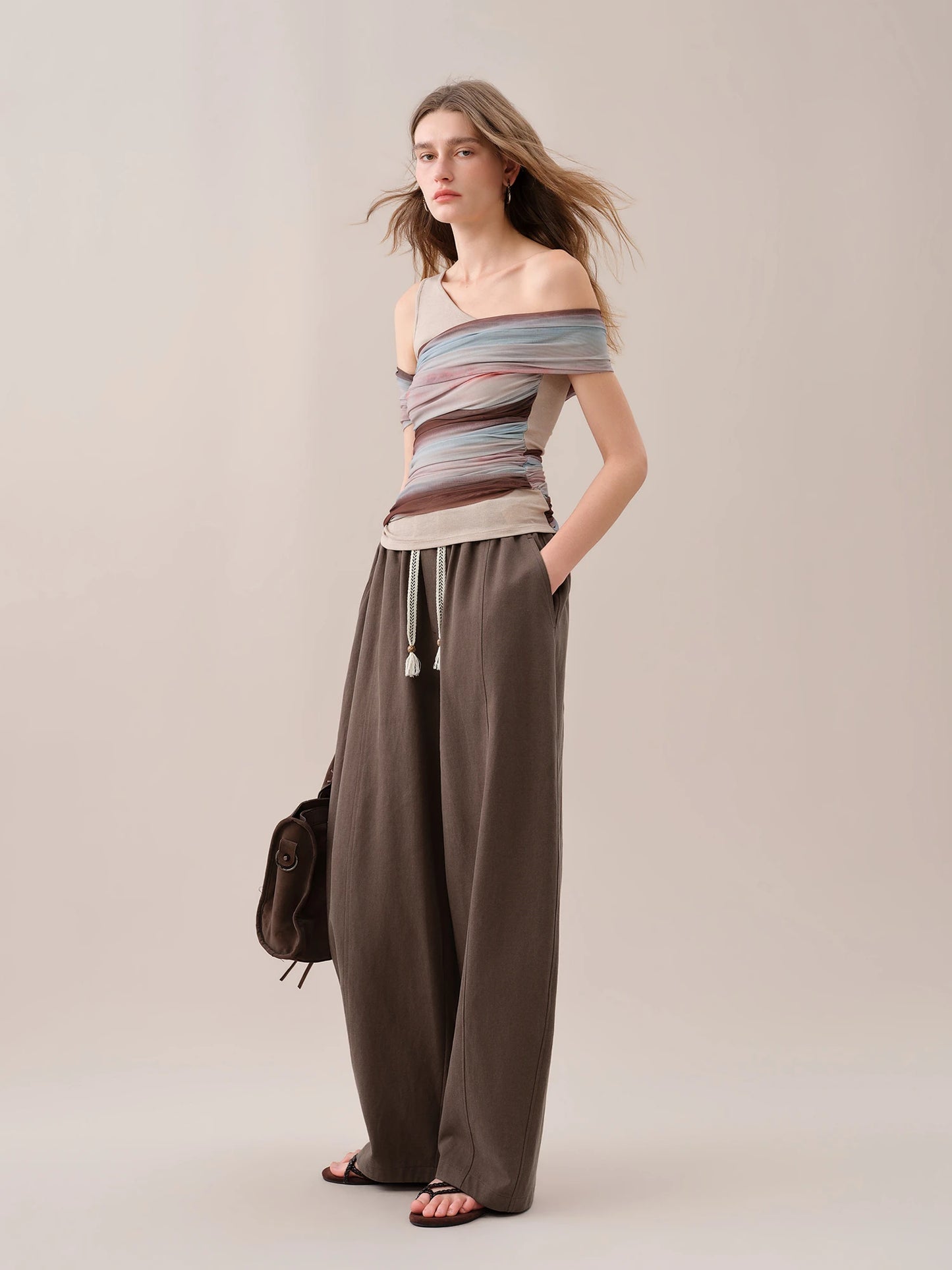 Brown Elastic Waist Wide Leg Pants