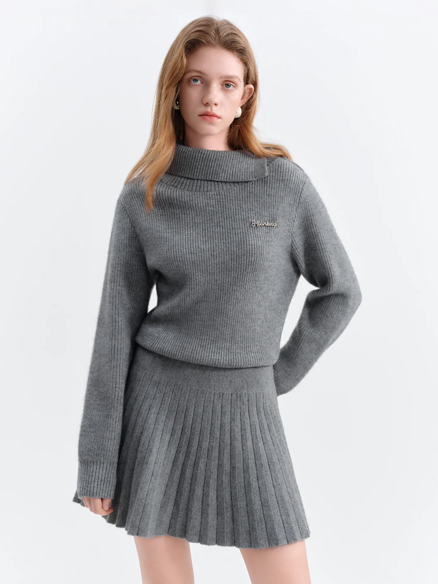Grey Turtleneck Pleated Mini Dress