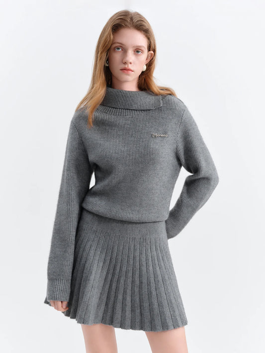Grey Turtleneck Pleated Mini Dress