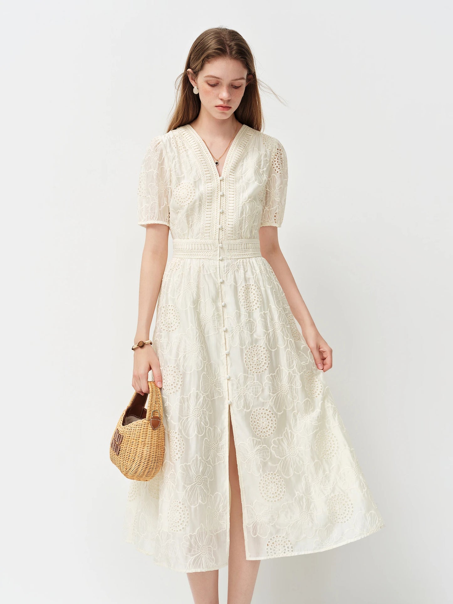 Ivory Eyelet V-Neck Midi Dress