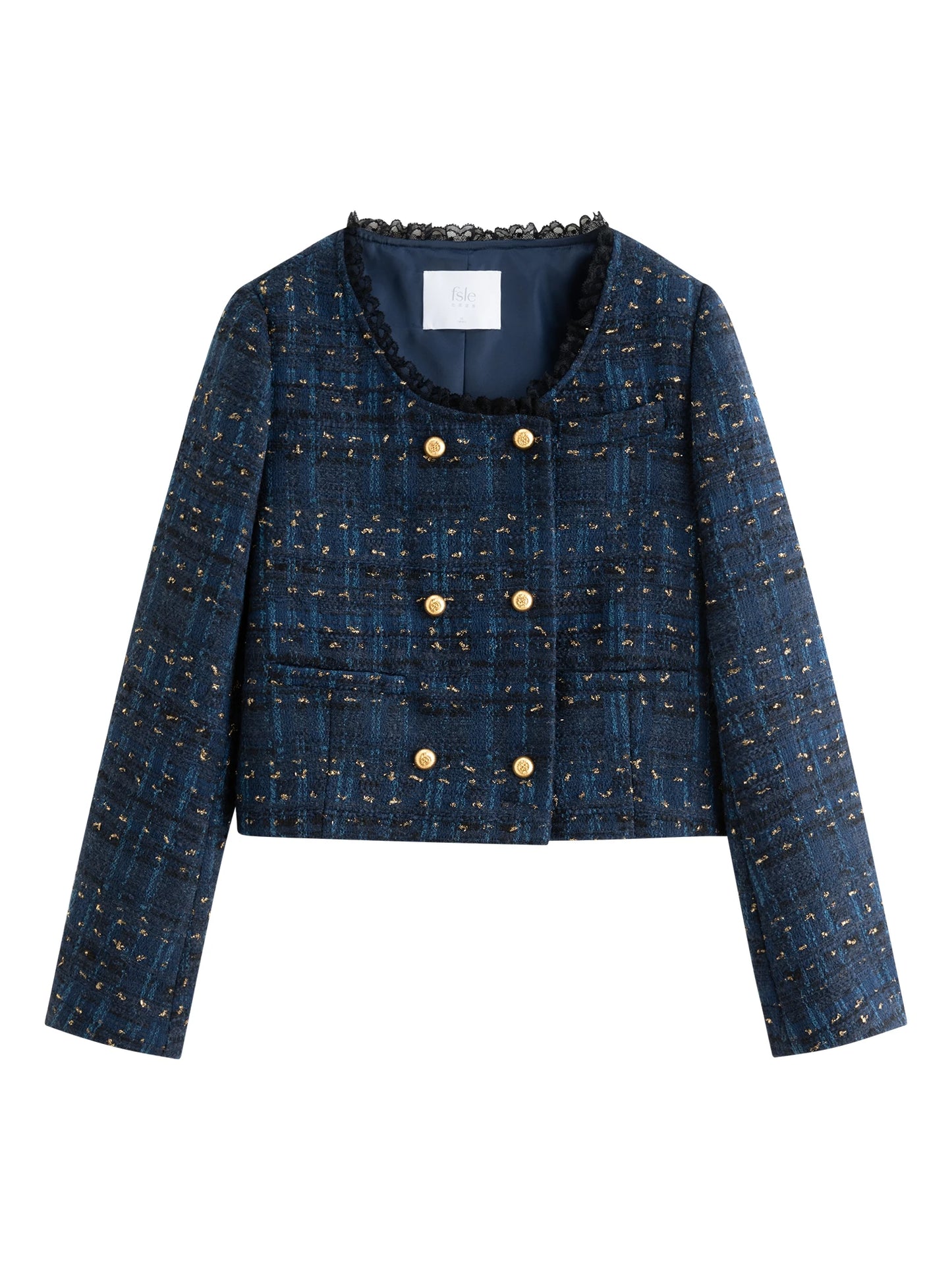 Navy Lace Trim Tweed Jacket